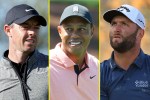 Collage of Rory McIlroy, Tiger Woods, and Jon Rahm.